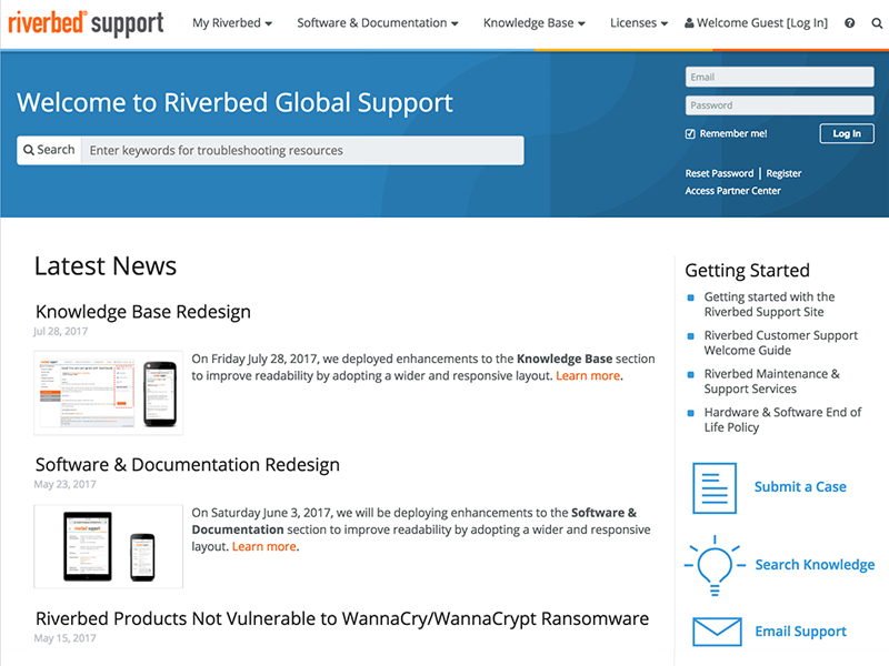 Landing Page redesign for Riverbed's Support site